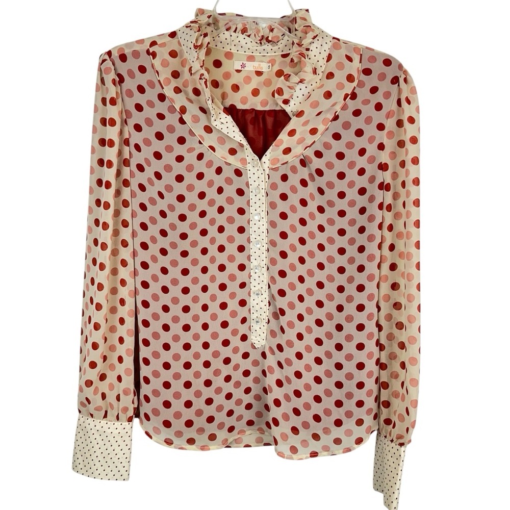 Tulle Polka Dot Ruffle Collar Mixed Print Blouse S